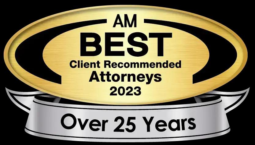 A badge from AM Best Client Recommended Attorneys 2023 (25 Years)